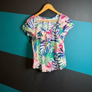 LOFT Pink and Blue Ruffled Blouse